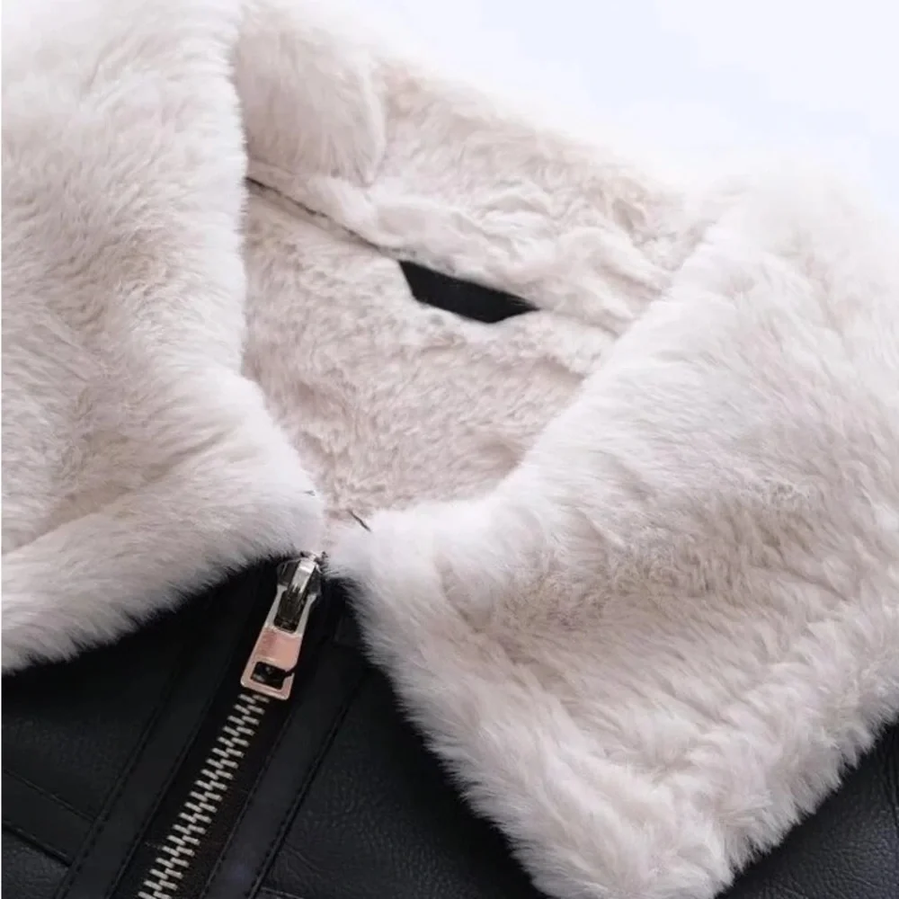 81 moto jacket faux leather faux fur zip up black coat jacket - Picture 6 of 13